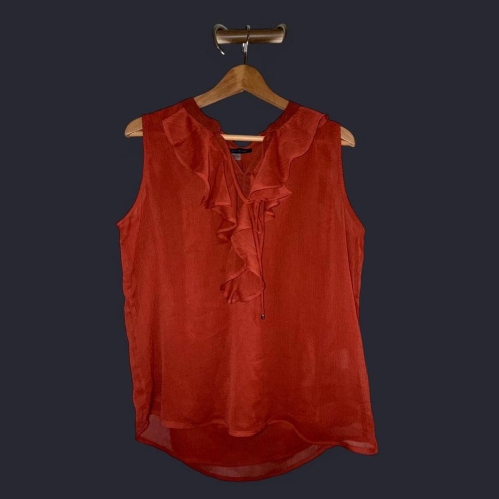 Tommy Hilfiger Red Sleeveless Ruffled Blouse with Bib Collar
